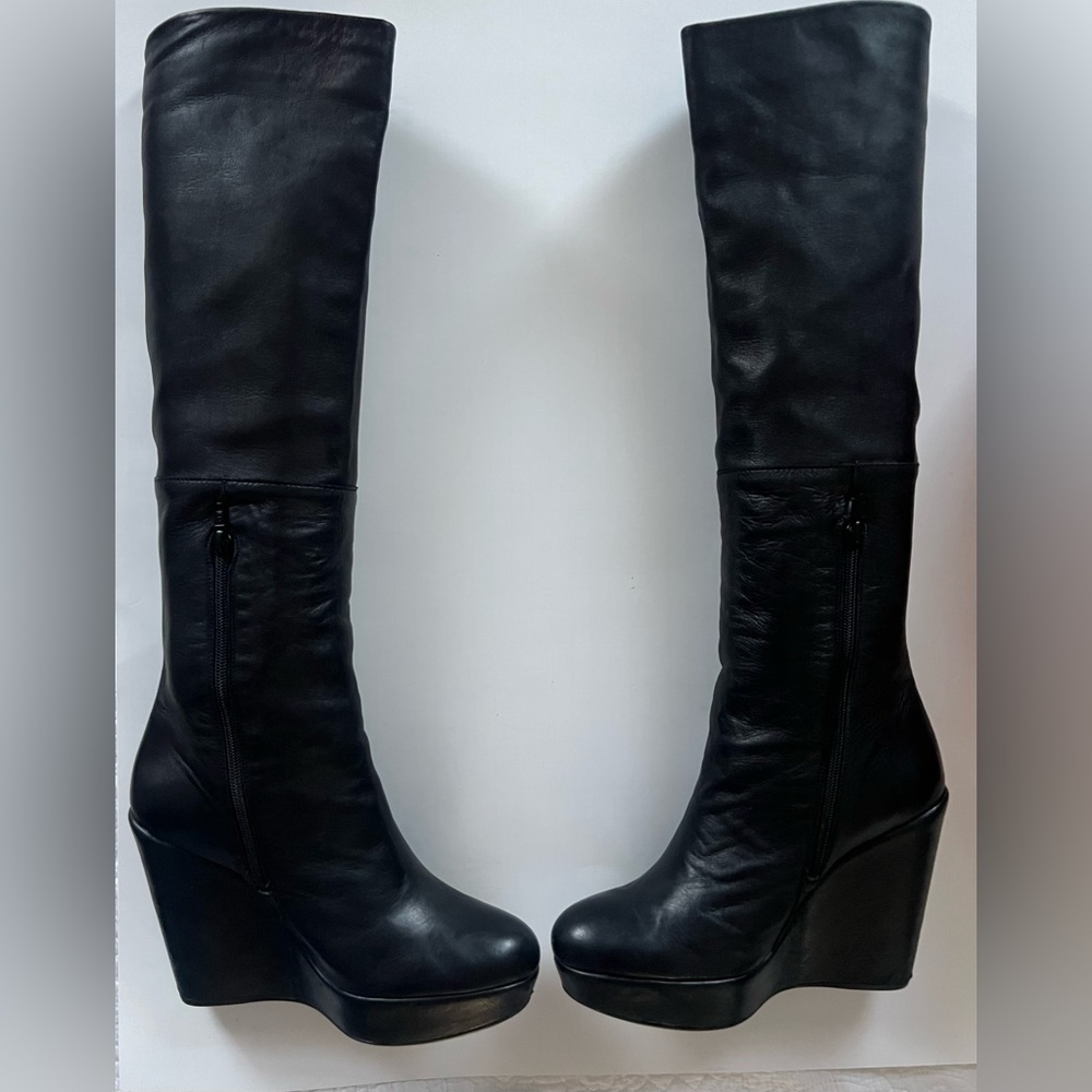Stuart Weitzman Black Leather Wedge Knee-High Boots (9)